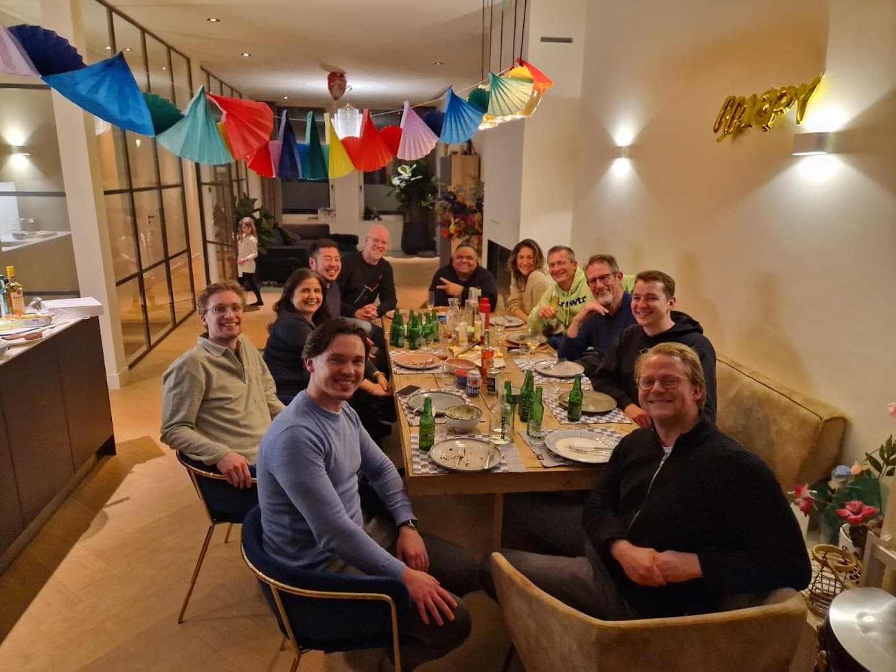 A long dinner table set for a private FounderFuel cocktail dinner